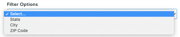 Filter options: state, city and ZIP code