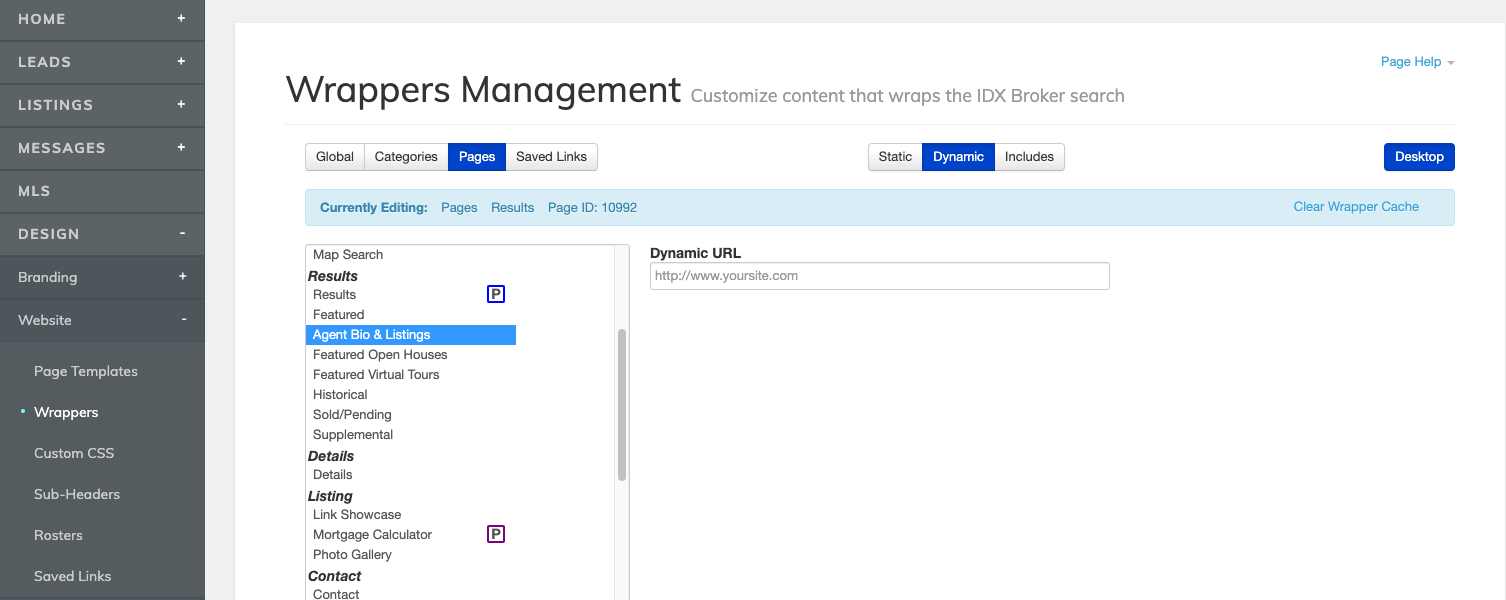 IDX Broker Wrappers Management page