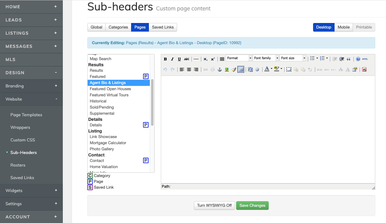 IDX Broker Sub-Headers Management page