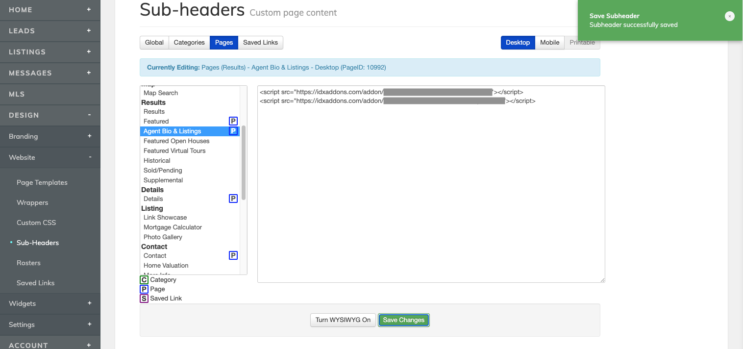 IDX Broker Sub-Headers Management page