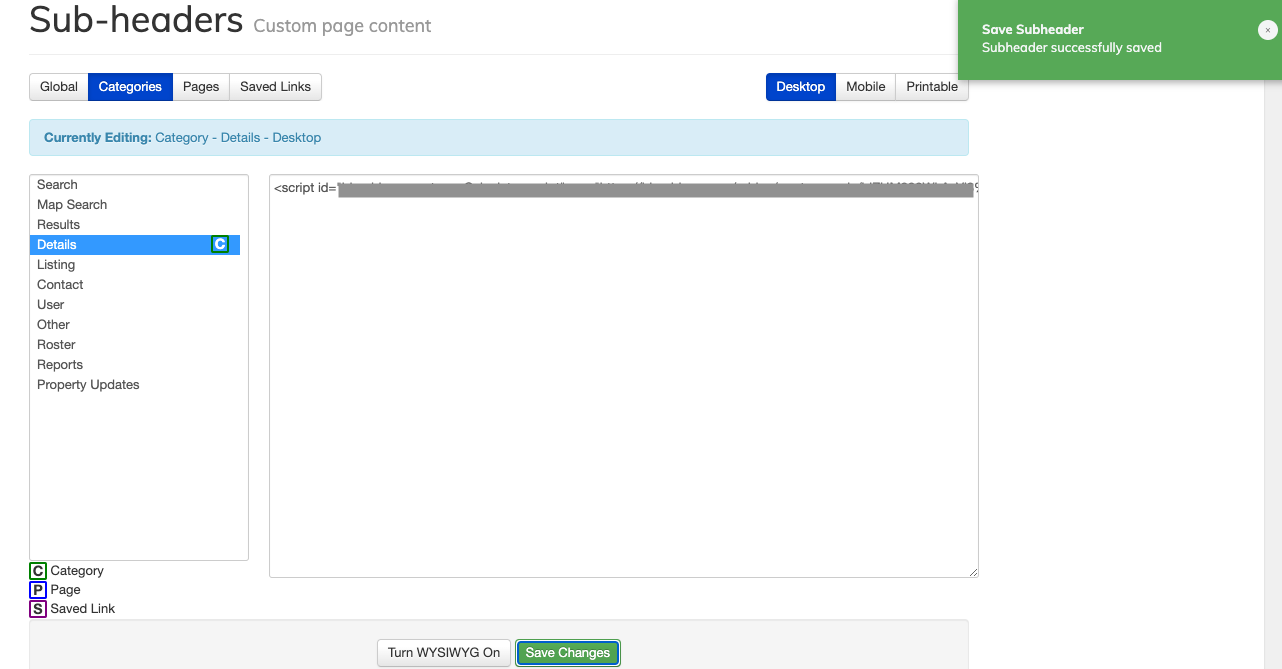 Code pasted in IDX Broker Sub-Headers