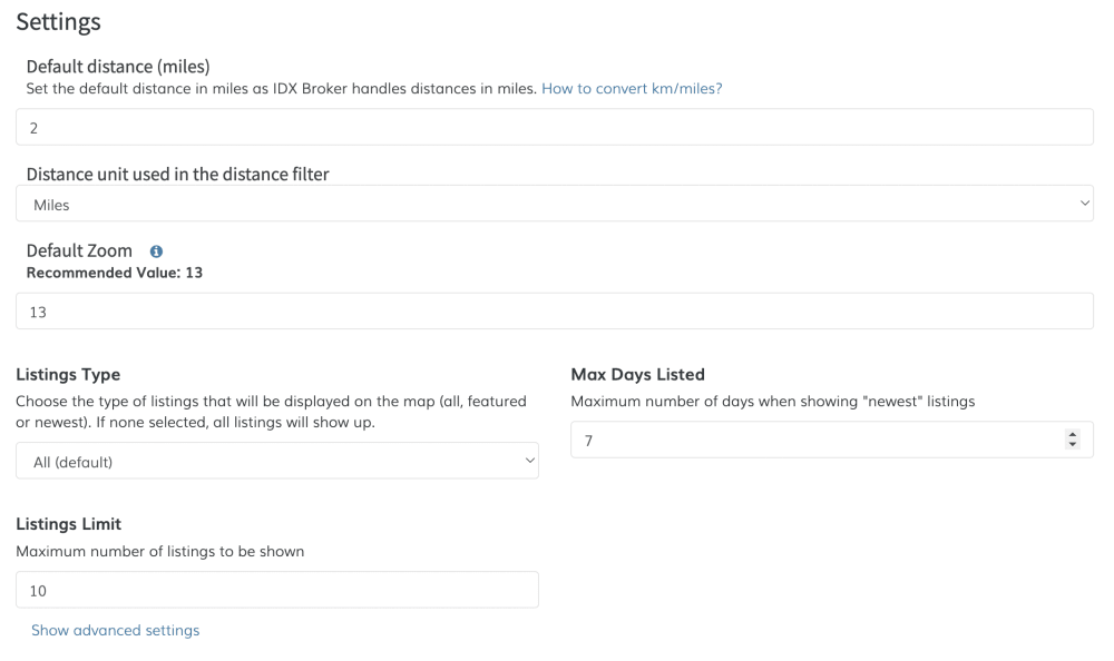 Default settings for the geolocation widget
