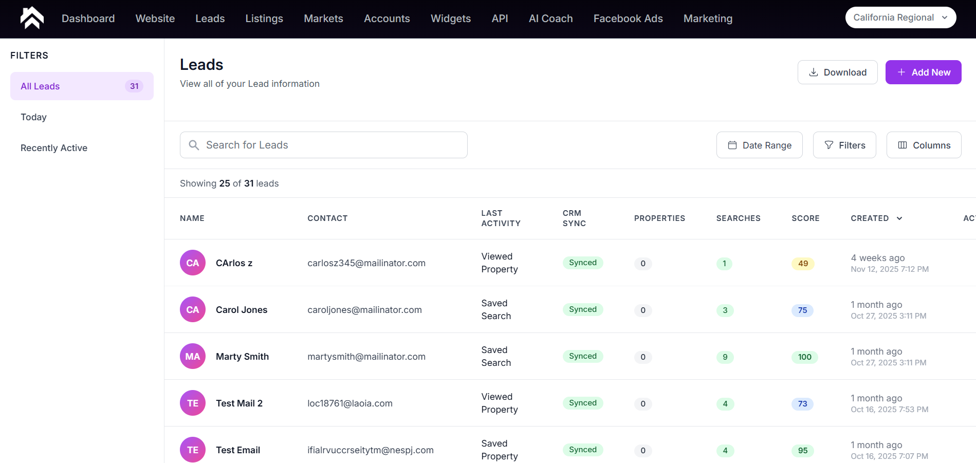 New Leads tab interface