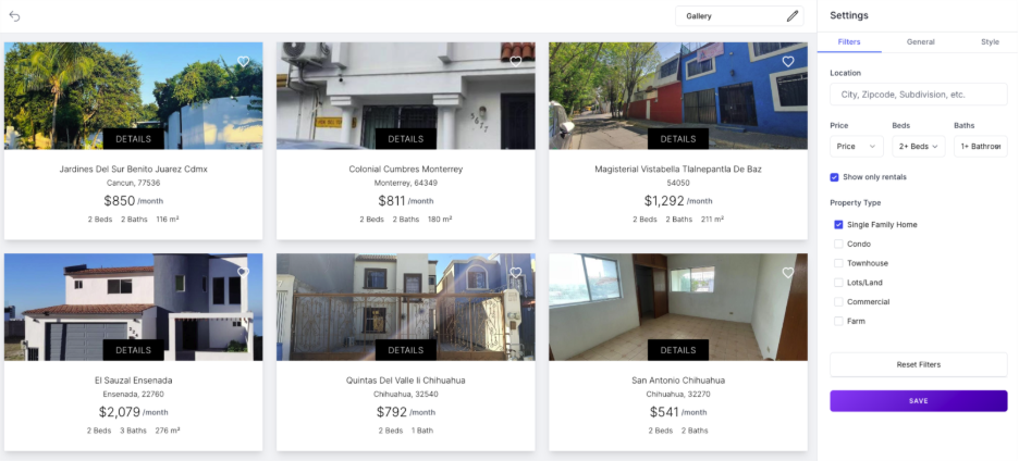 Gallery settings showing the 'Show only rentals' filter toggle in the Filters tab