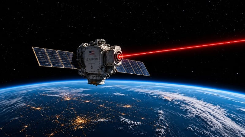 US Space Force emblem and Earth orbit depicting space control weapon deployment in outer space. US News