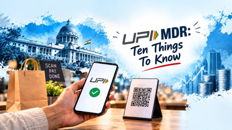 Online UPI payment scanning QR code on smartphone display highlighting new MDR charge guidelines from October 15