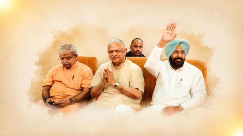 BJP leaders BL Santosh and Kewal Singh Dhillon during a Punjab meeting as the party announces plans to contest all 117 Assembly seats alone