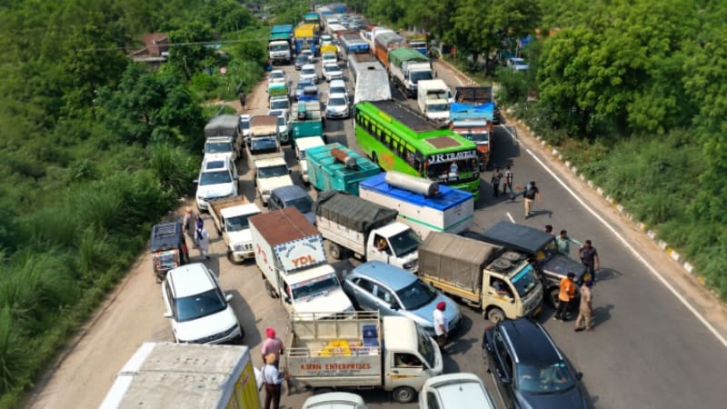 Punjab Home Guard personnel protest and block NH-44 near Ladhowal in Ludhiana over Pay Commission, pension and post-retirement benefits