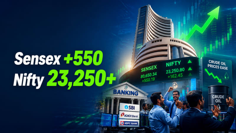Sensex 550 अंक उछला, Nifty 23,250 पार; बाजार में लौटी तेजी