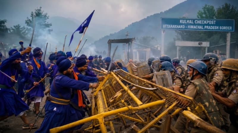 Nihangs Breach Kulhal Border Barricades, Clash With Police During Hemkund Sahib March in Uttarakhand | Watch