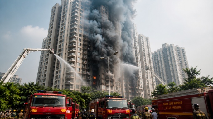 नोएडा की रिहायशी हाईराइज सोसाइटी में भीषण आग, फ्लैटों को घेरता दिखा धुआं; दमकल की कई गाड़ियां मौके पर पहुंचीं
