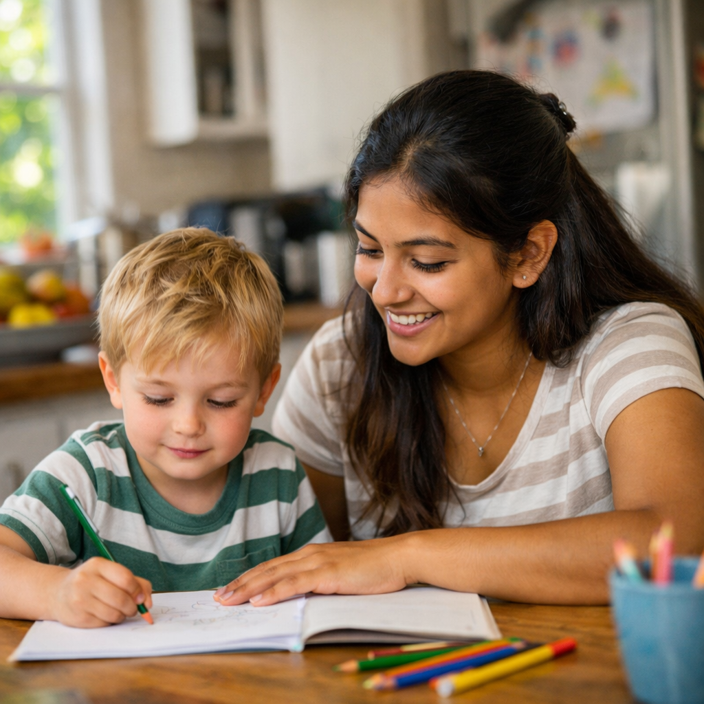 Au-pair zusammen mit einem Kind im Alltag