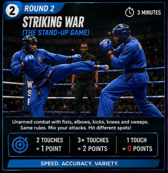 Fighters dropping the sticks and engaging with kicks and punches