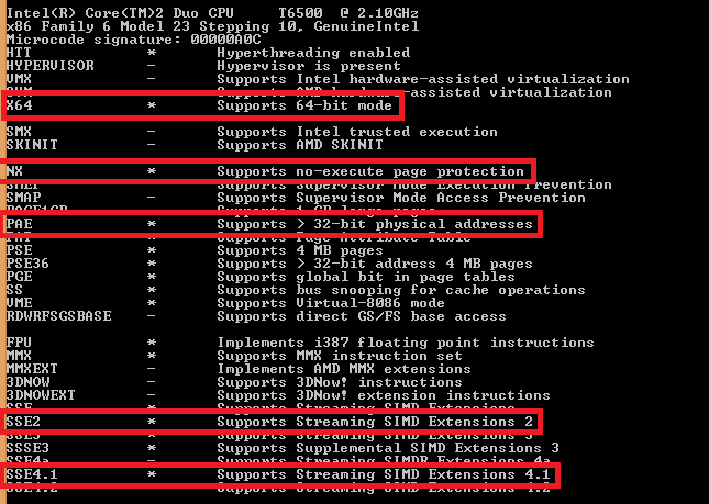 mendukung mode 64-bit dan ekstensi NX, PAE, SSE2, serta SSE4.1