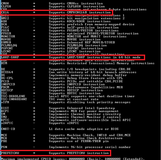 mendukung ekstensi LAHF-SAHF, CX16/CMPXCHG16B, dan PrefetchW