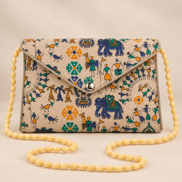 Warli Art Sling Bag with Yellow Beaded Strap — Rust & Lily