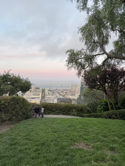 Panoramic view of San Francisco Oakland Bay Bridge Sunset