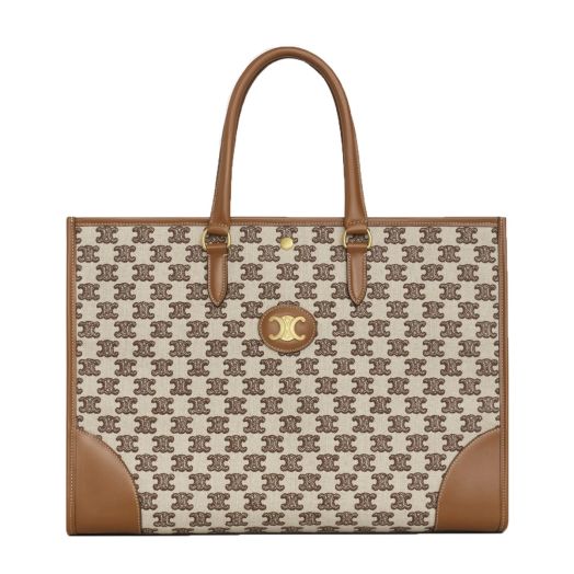 Celine Cabas Triomphe Leather Trimmed Logo-Print Coated Canvas Tote Bag Brown/White