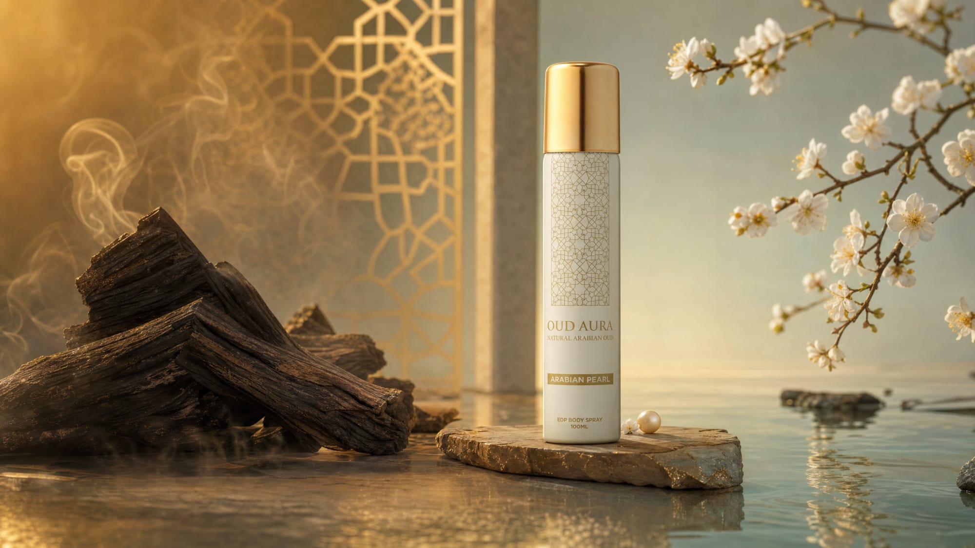 Oud Aura Arabian Pearl body spray, oud wood and cherry blossom