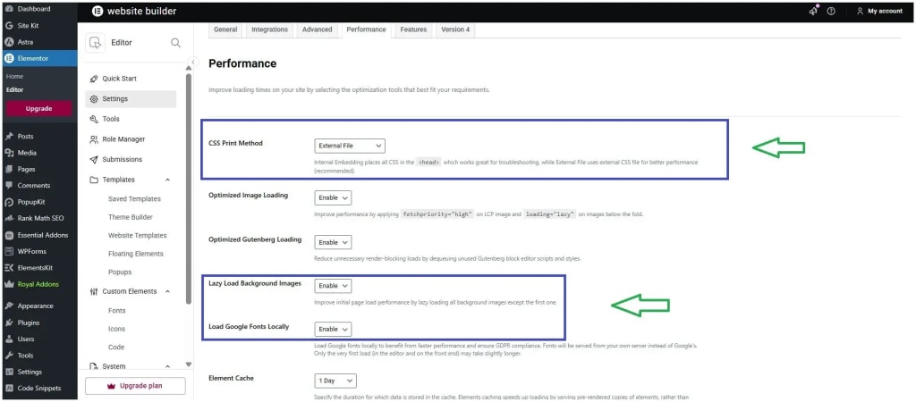 fix INP in WordPress elementor improved asset loading settings