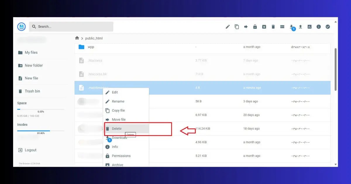delete maintenance file cpanel file manager wordpress stuck maintenance mode