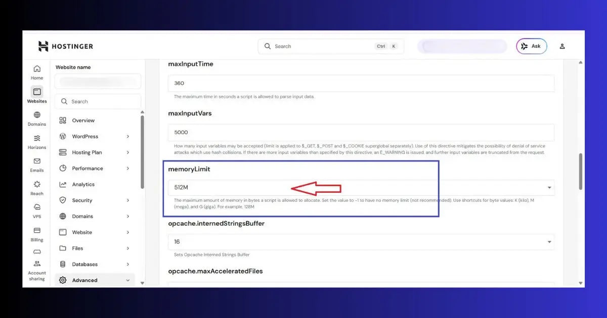 hostinger hpanel php configuration memory limit setting the limit fix