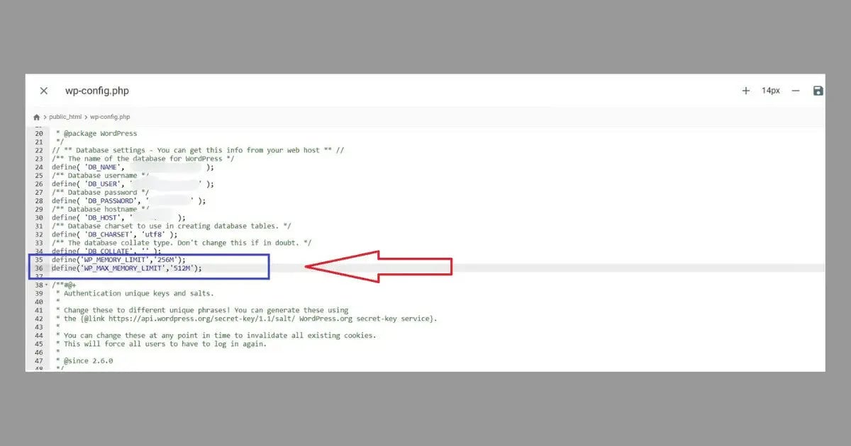 wp-config.php — WP_MEMORY_LIMIT setting wp-config.php wordpress memory limit WP_MEMORY_LIMIT line highlighted cpanel