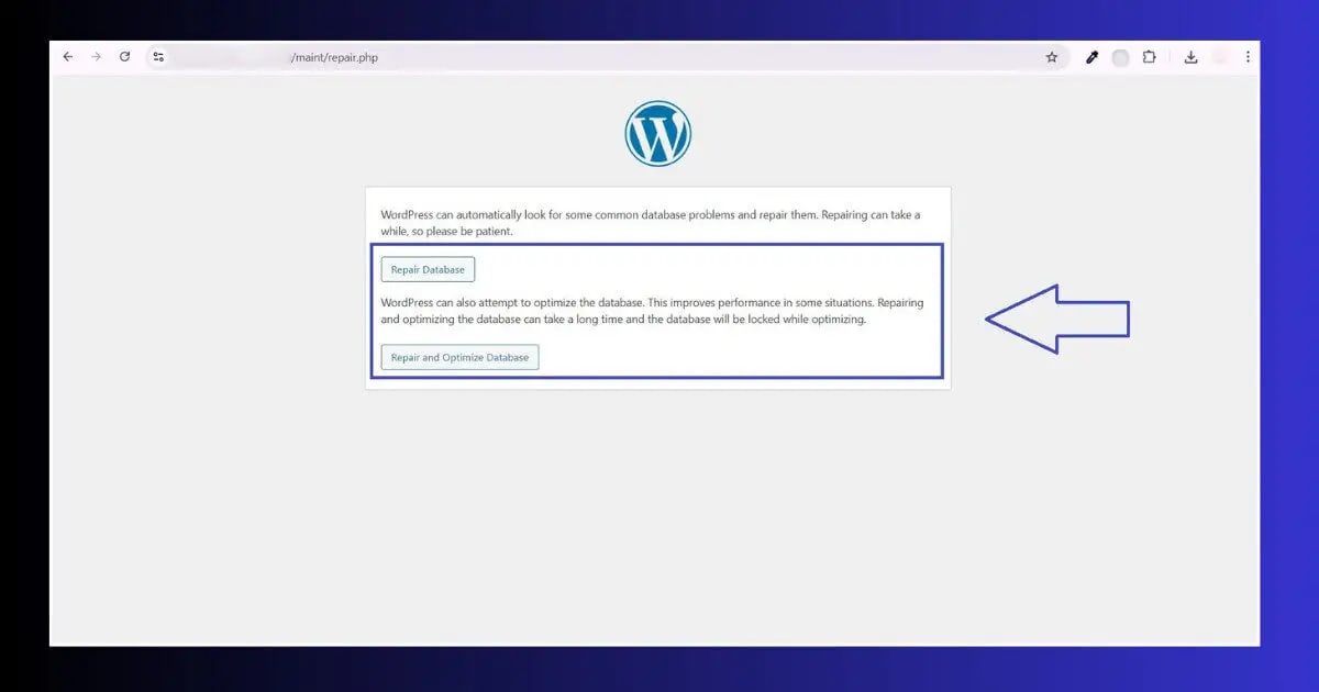 wordpress built-in database repair tool repair.php screen this error fix