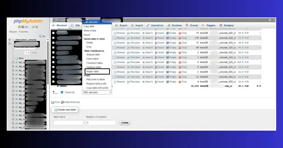 phpmyadmin repair table option database connection error corrupted tables fix