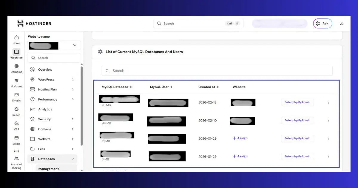 hostinger hpanel mysql databases page showing database name username wordpress database error