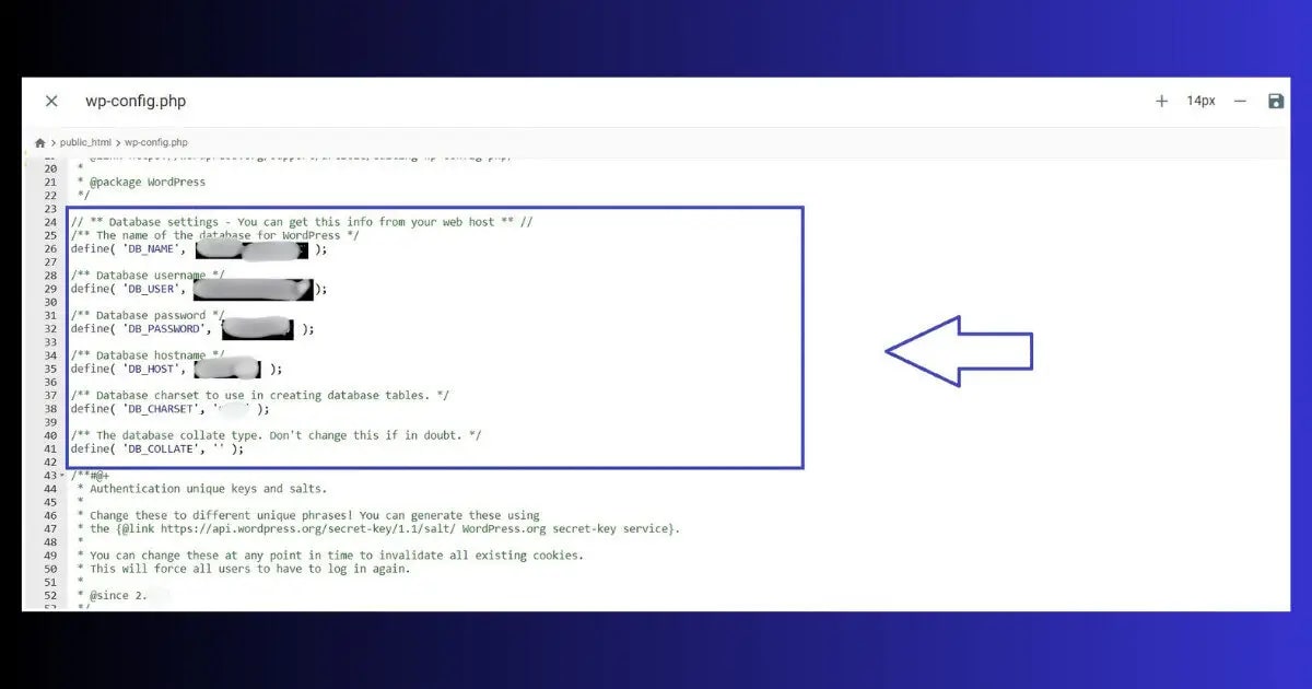 wp-config.php — database credentials in cPanel File Manager wp-config.php file open in cpanel file manager showing database credentials wordpress database error fix