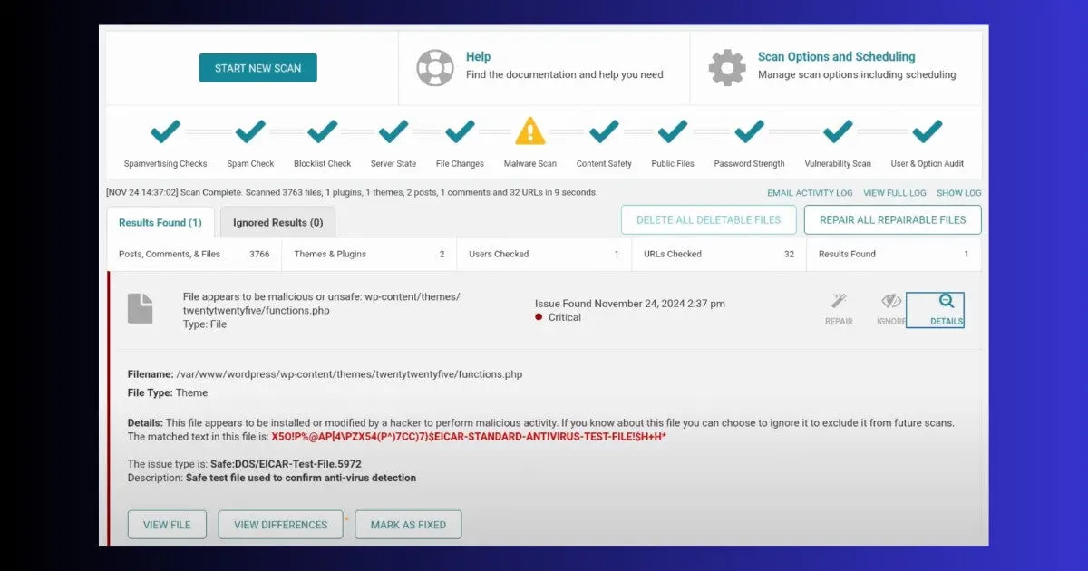 Wordfence scan results — infected files detected after WordPress hack wordfence scan results showing infected files wordpress site hacked cleanup