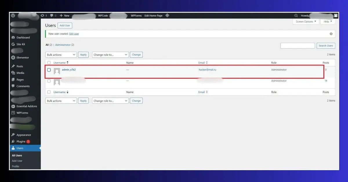 wordpress users all users page showing unknown admin account hacked