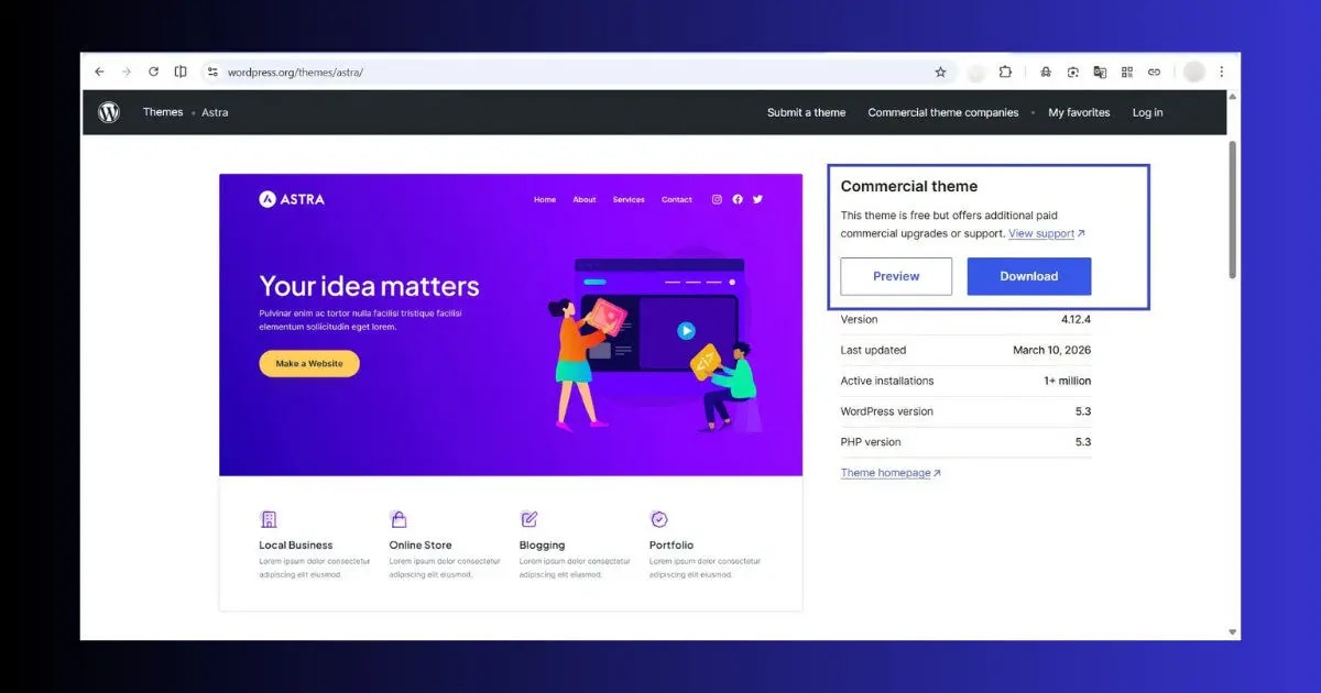 wordpress theme page on wordpress.org showing download install option after detection