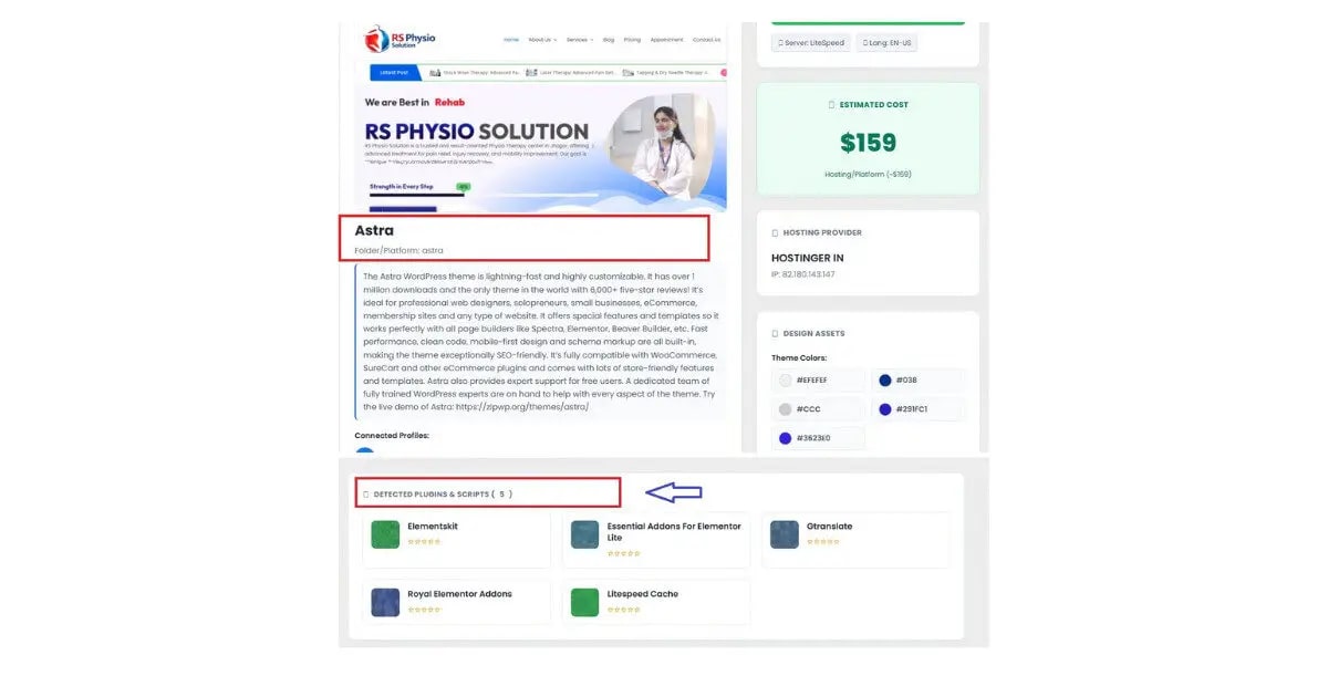 WordPress theme detector result — ToolXray wordpress theme detector result showing theme name version and active plugins