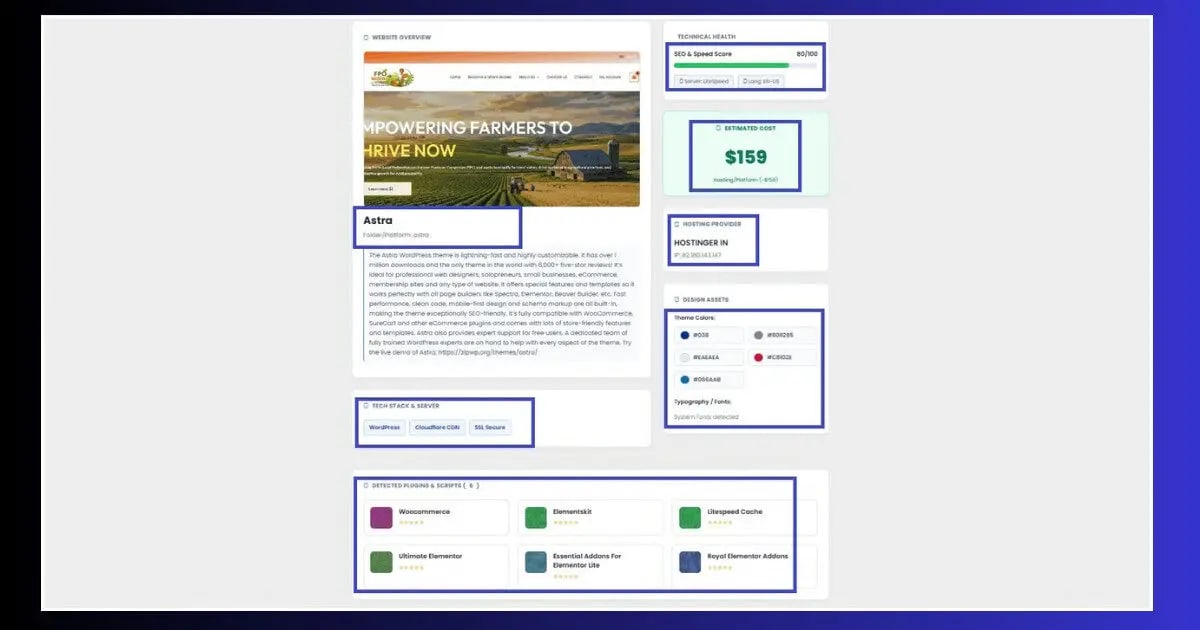 ToolXray WordPress Theme & Plugin Analyzer — results ToolXray wordpress theme detector showing theme name plugins and version