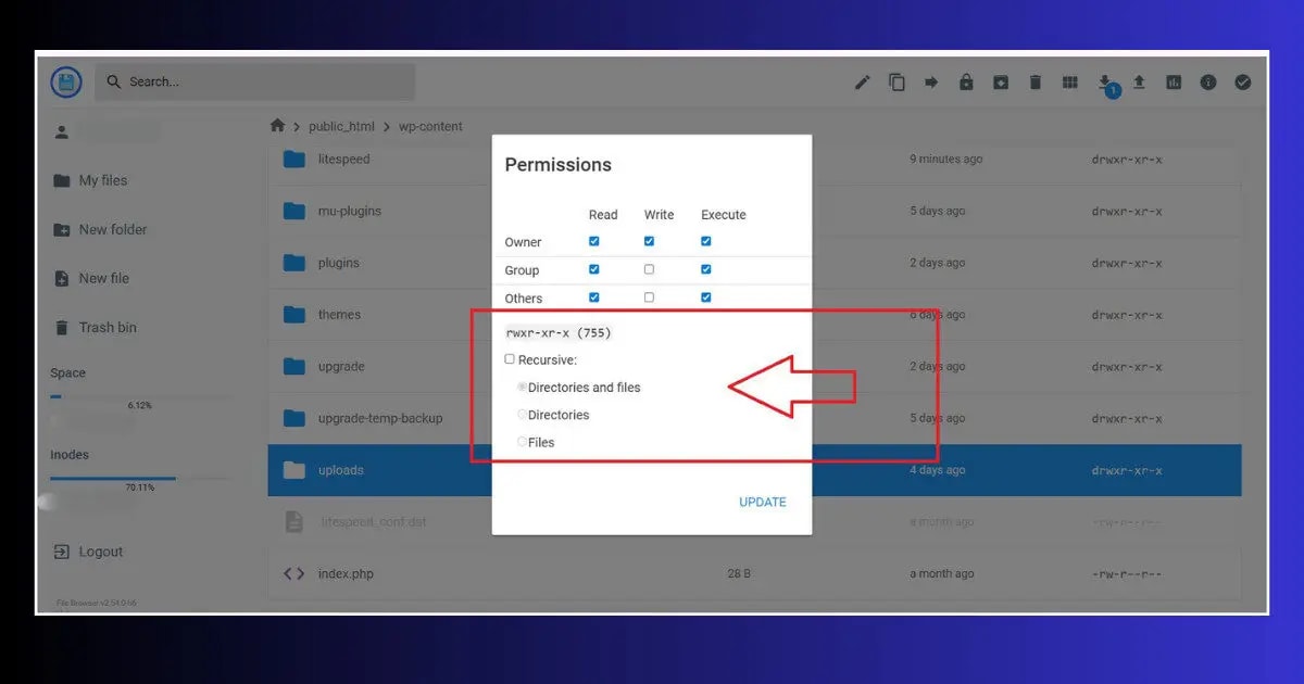 cpanel file manager uploads folder permissions 755 644 wordpress images not showing fix