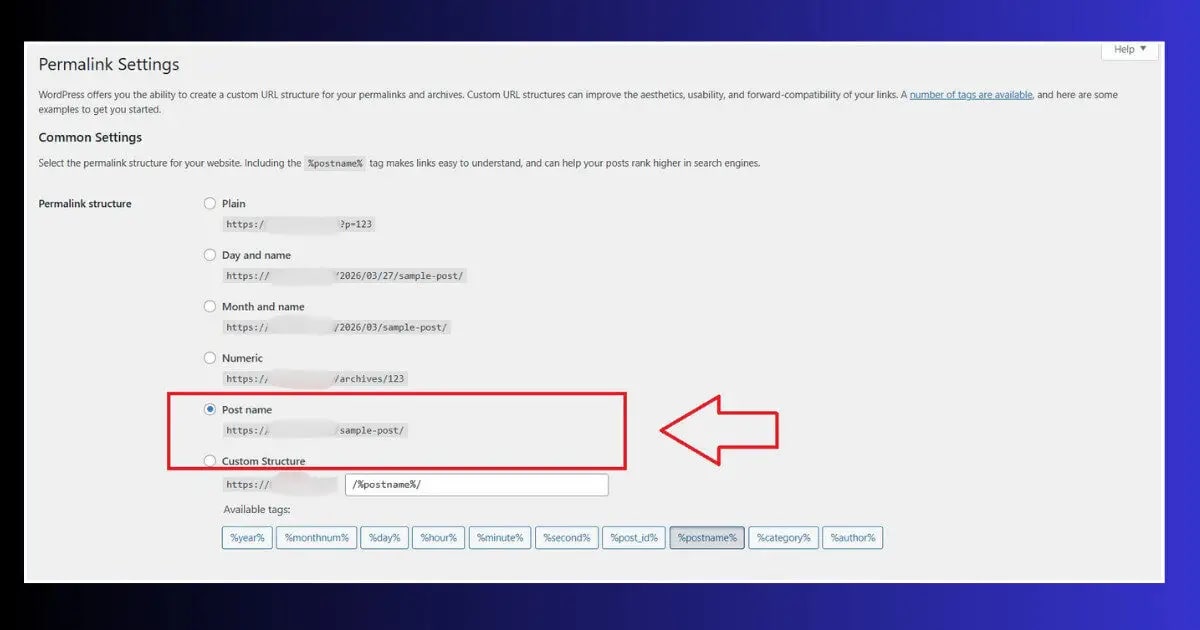 WordPress Permalink Settings — Settings → Permalinks wordpress permalink settings page post name structure selected settings menu