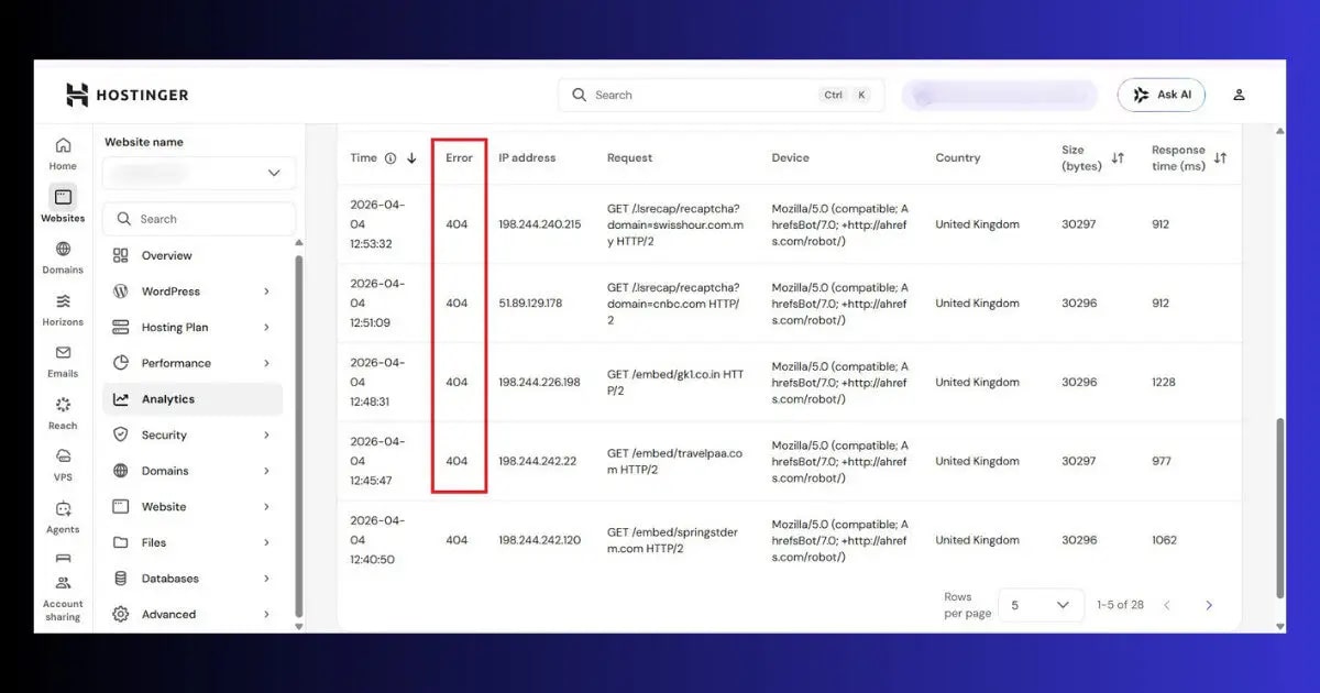 hostinger hpanel error logs php fatal error login failure diagnosis