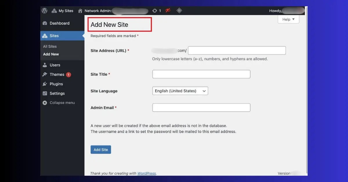 Network Admin → Sites → Add New Site the network network admin add new site form setup