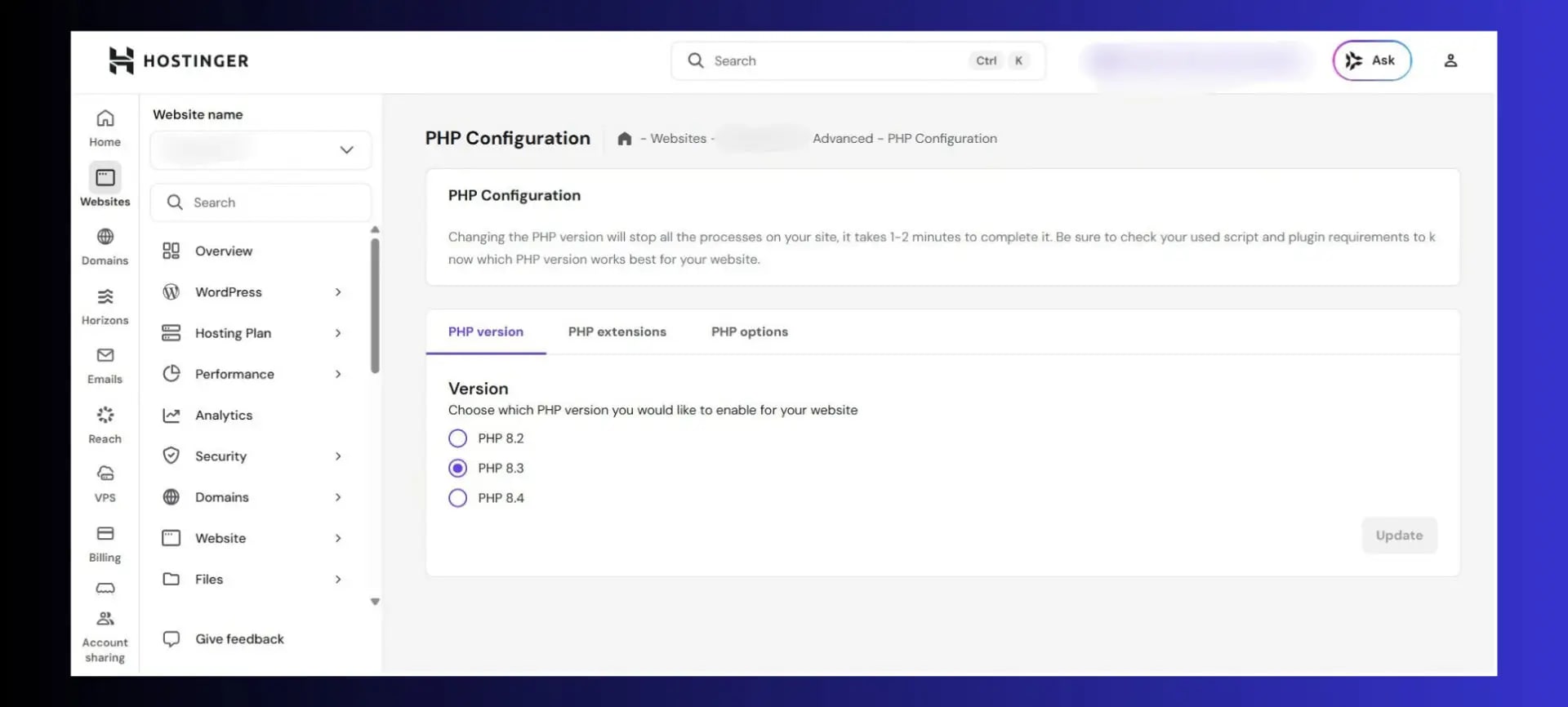cPanel PHP version selector MultiPHP Manager wordpress white screen fix