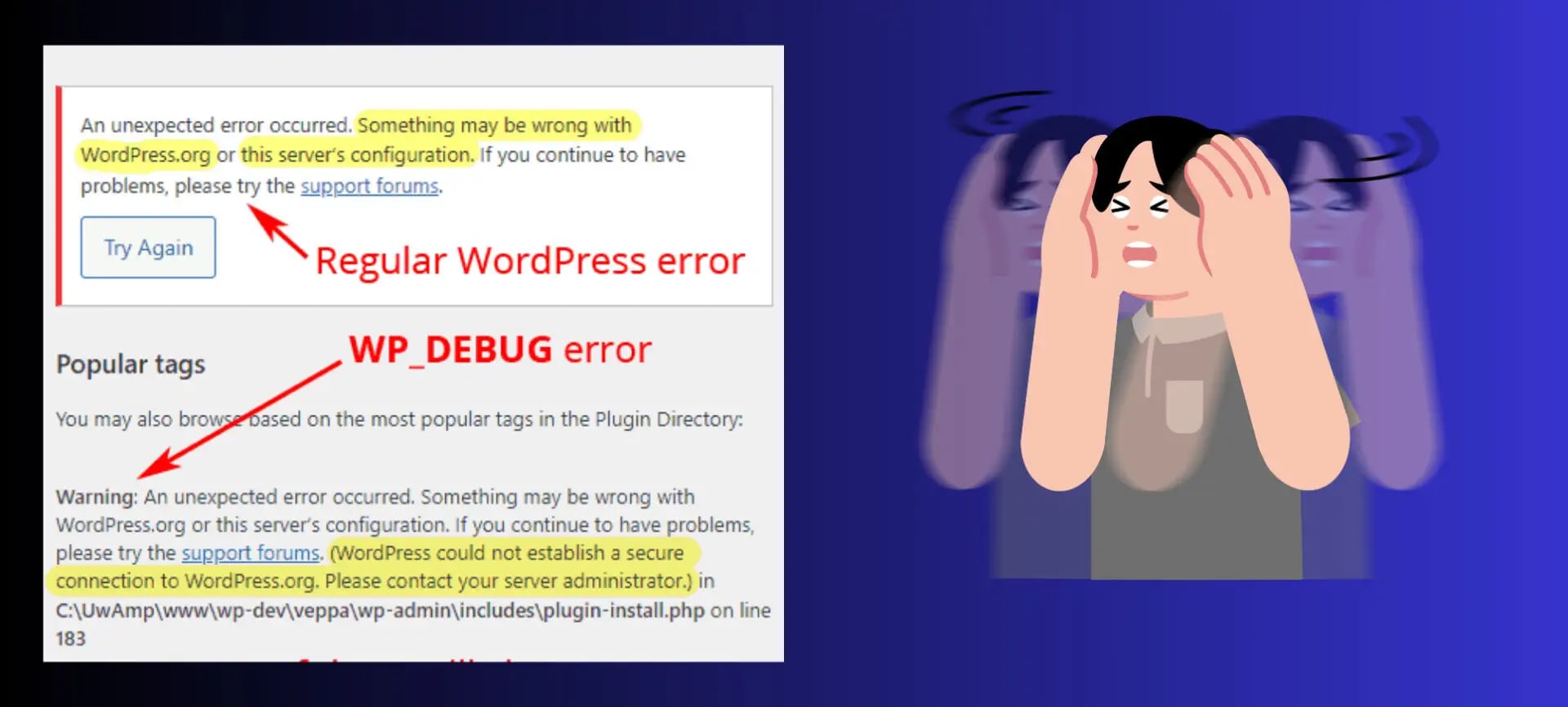 WordPress WP_DEBUG error message WordPress debug mode PHP error message white screen of death fix