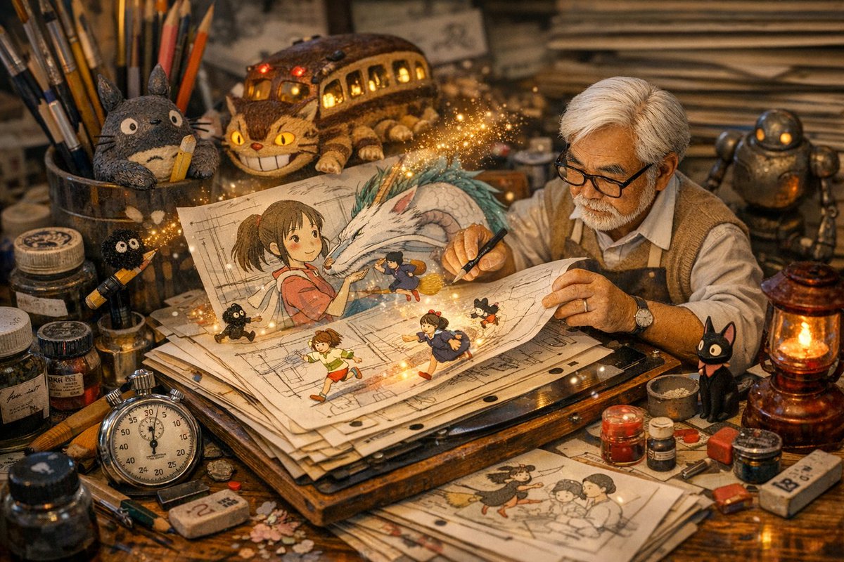 Macro 3D diorama of an animator's production desk with GPT vs Nano Banana comparison