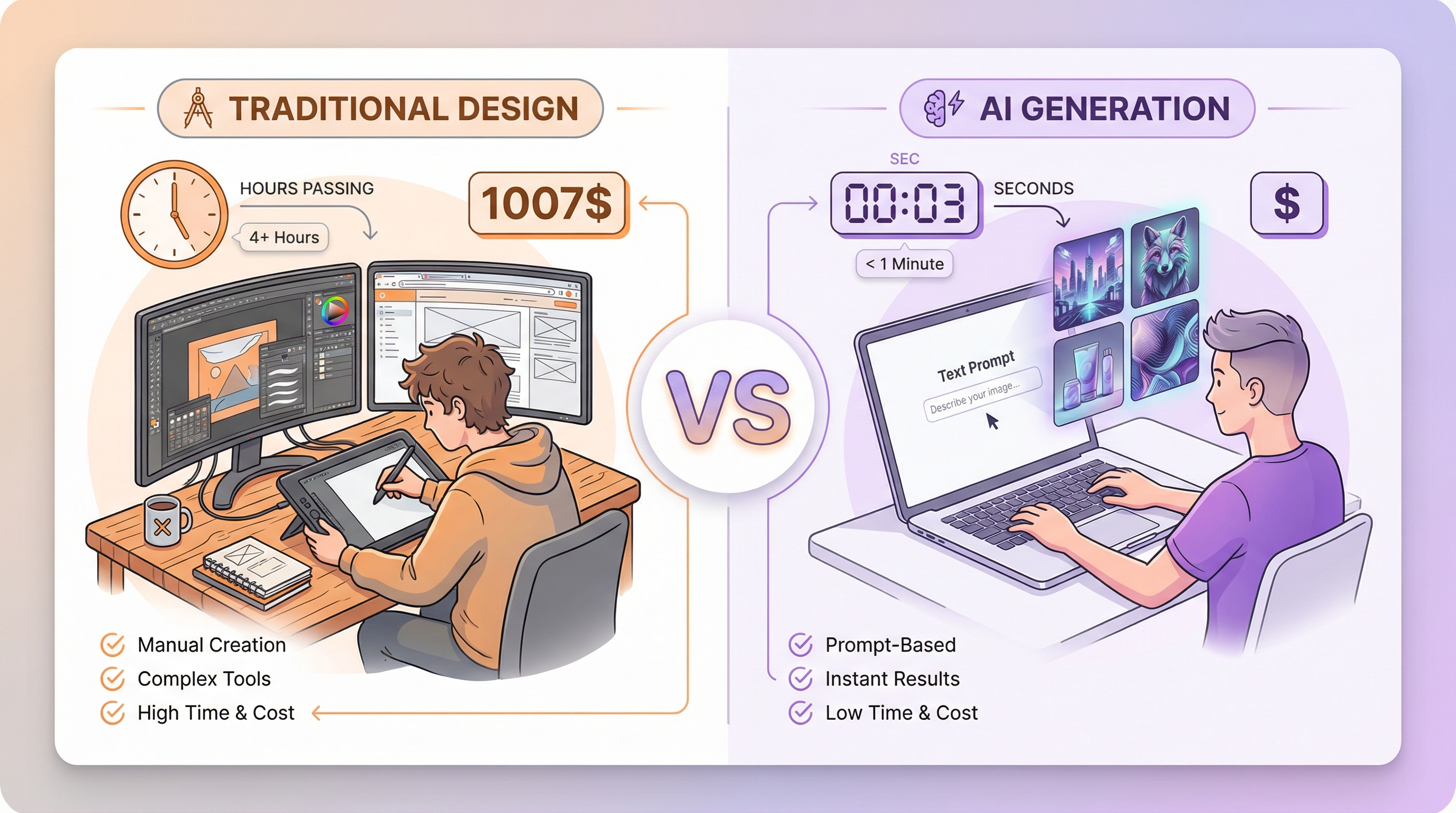 Comparison of traditional design workflow vs AI generation workflow