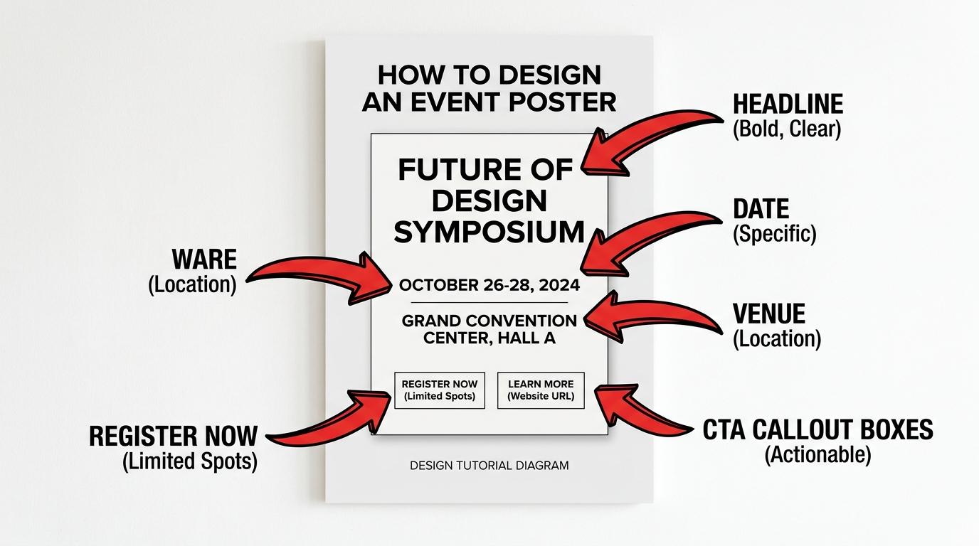 Professional event poster showing clear information hierarchy with headline, date, and CTA