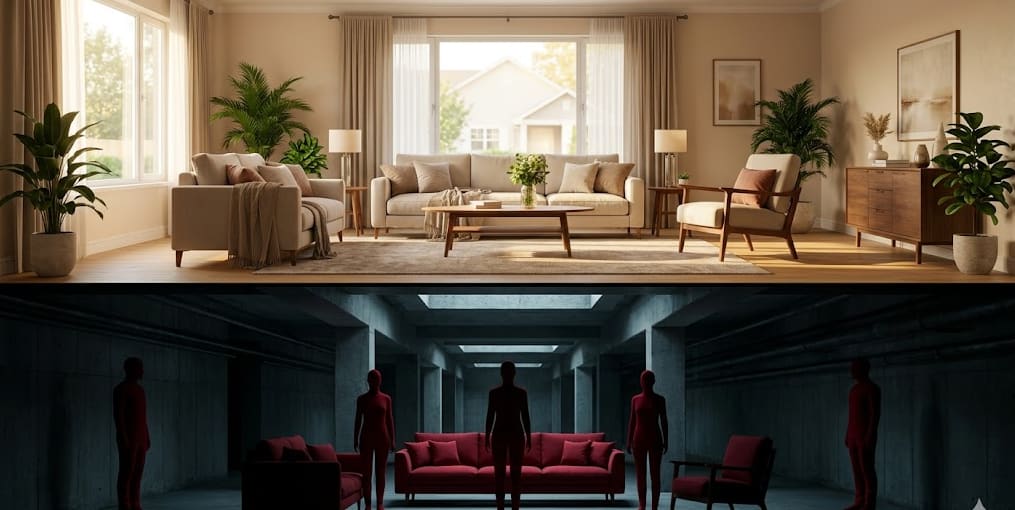 A split screen illustration comparing the pristine family life above ground with the dark, silent underground duplicate reality.