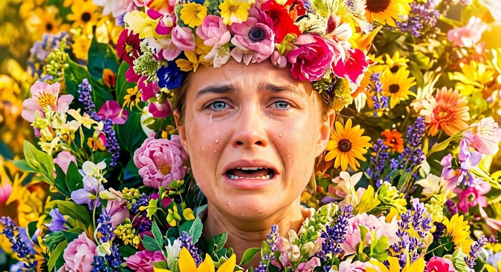 An array of bright floral patterns framing an escalating psychological breakdown, highlighting the visual duality of Midsommar.