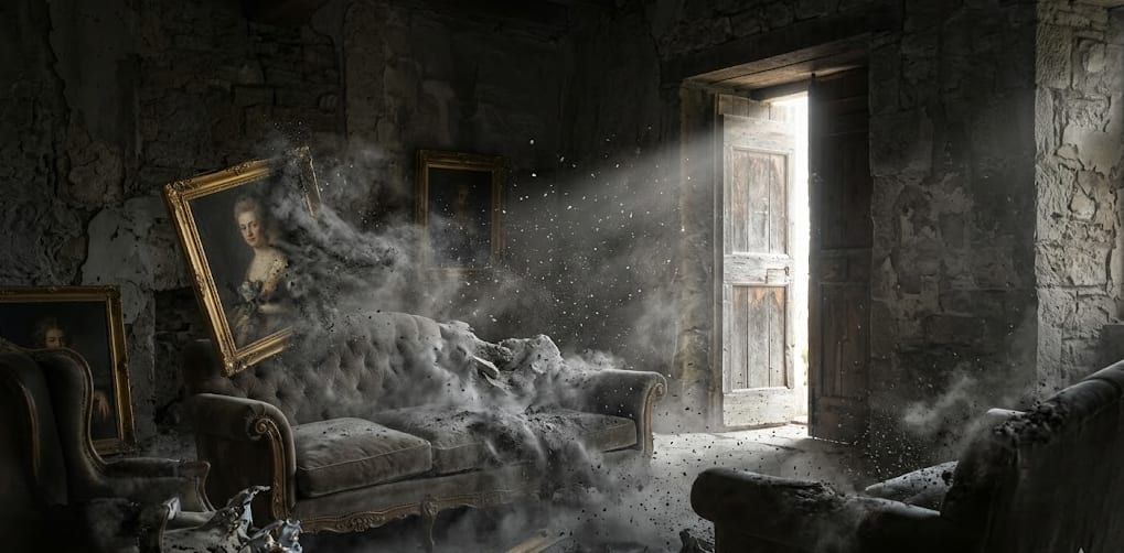 An old dark room filled with luxury furniture turning to dust as a door cracks open to reveal the outside world.