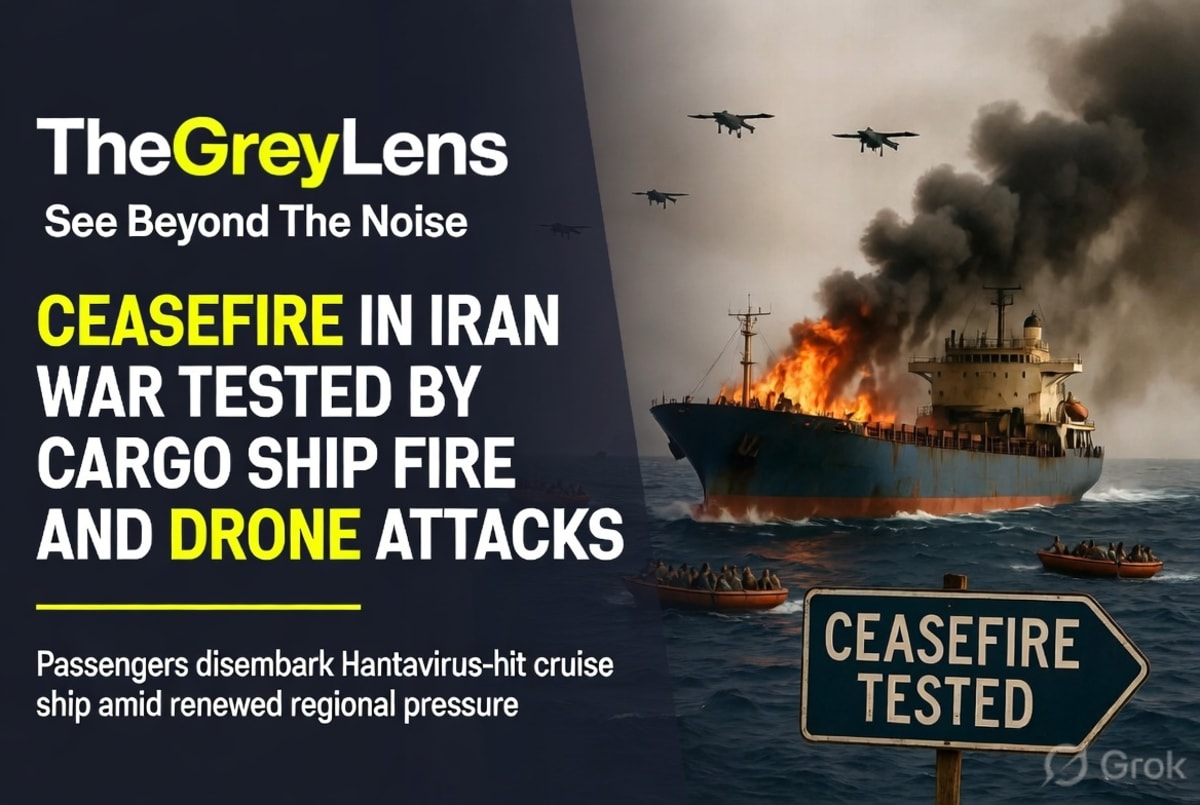 Ceasefire in Iran War Tested by Cargo Ship Fire and Drone Attacks; Passengers Disembark Hantavirus-Hit Cruise Ship