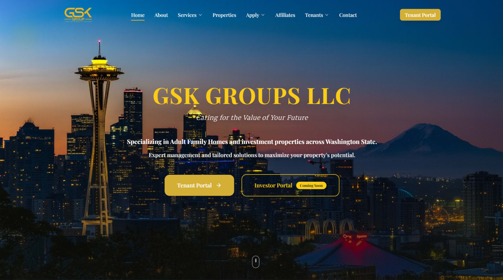 GSK Groups LLC hero section showing property management and investment business branding